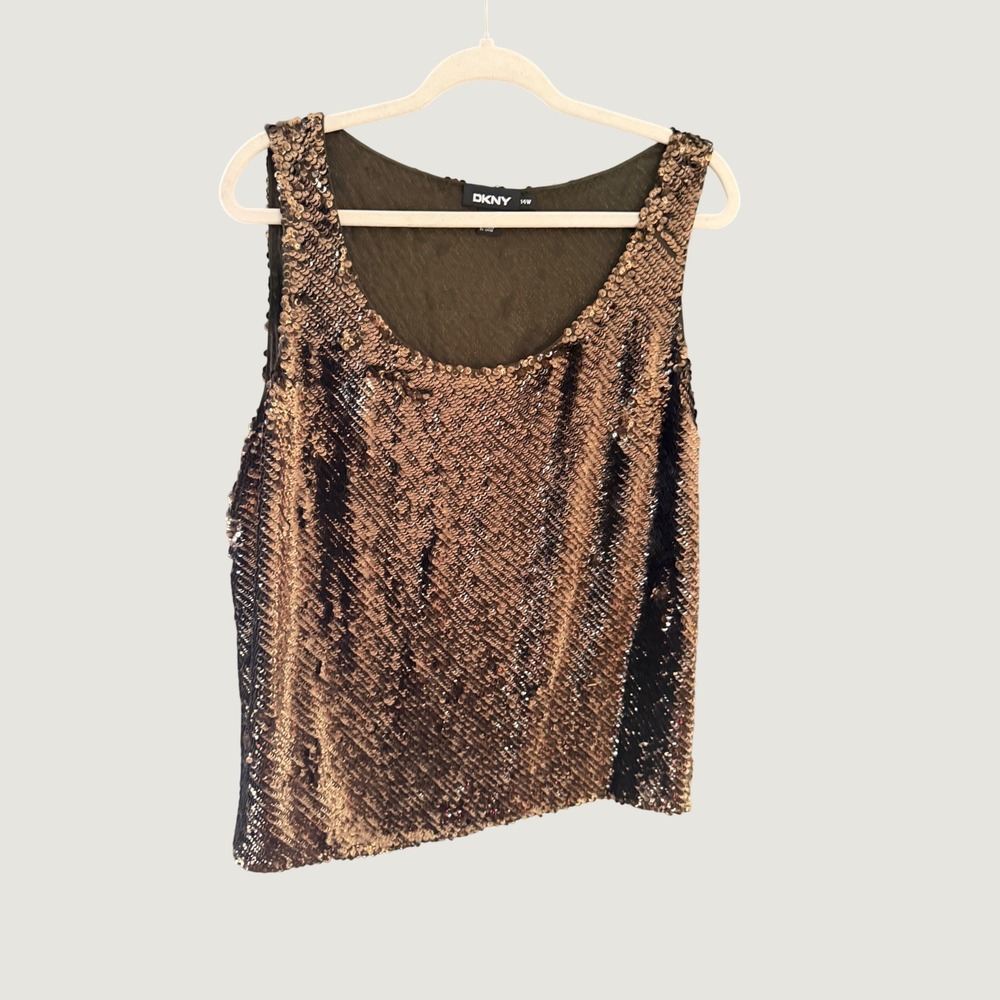 DKNY Vintage Y2k Bronze Black Sequin Silk Tank Top Swifty Party Sparklel 14W